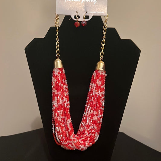 Red & White Multi Strand Bead Necklace Set